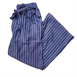 LulaRoe Paper Bag wide leg elastic waist pants XL Navy blue chambray stripes